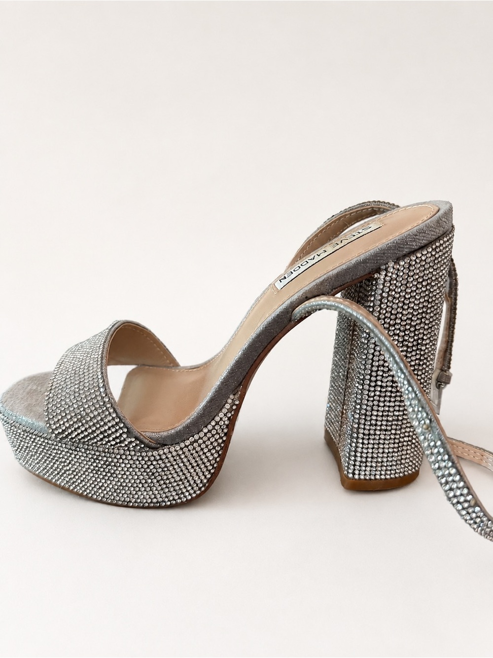 Steve Madden Silver Crystal Platform Block Heel Sandal